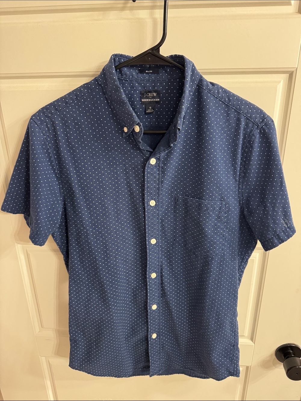 J. Crew Navy Blue Short-Sleeve Button-Down with Micro Dot Print